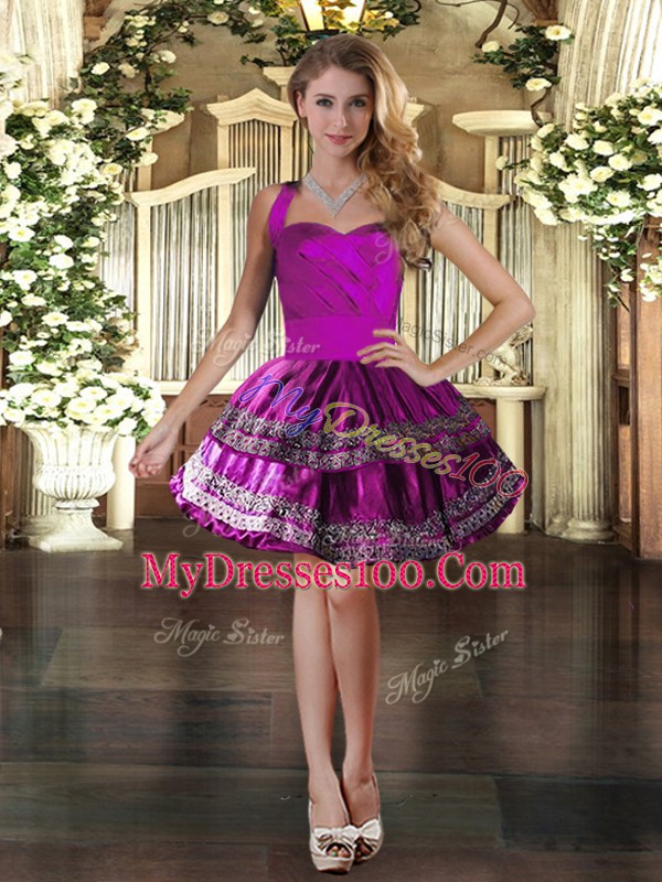 Custom Design Fuchsia Ball Gowns Halter Top Sleeveless Taffeta Mini Length Lace Up Embroidery Evening Dress