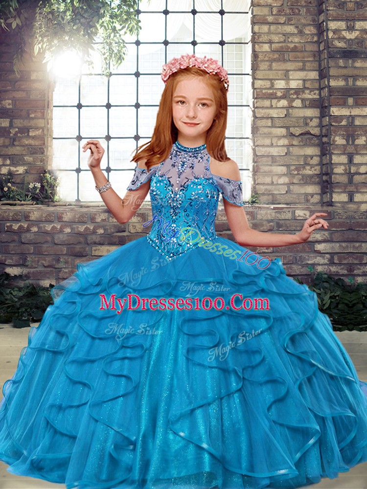 Discount High-neck Sleeveless Tulle Little Girls Pageant Dress Wholesale Beading and Ruffles Lace Up