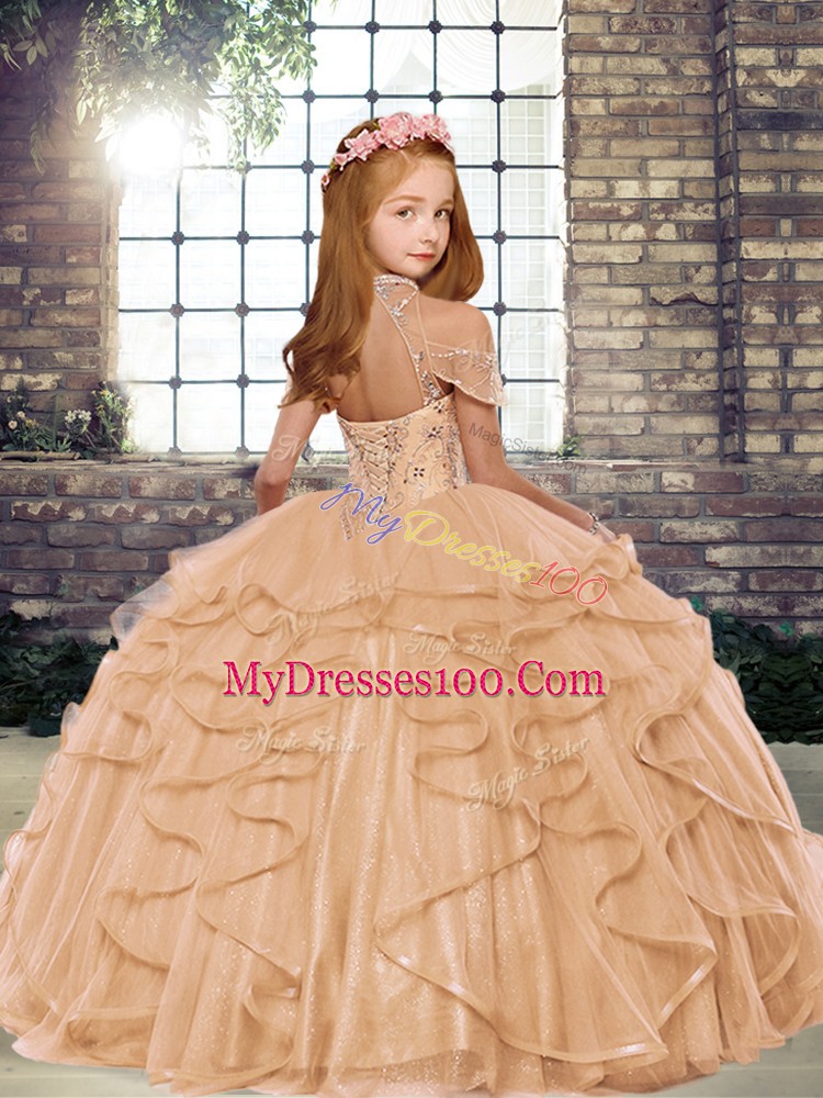Discount High-neck Sleeveless Tulle Little Girls Pageant Dress Wholesale Beading and Ruffles Lace Up