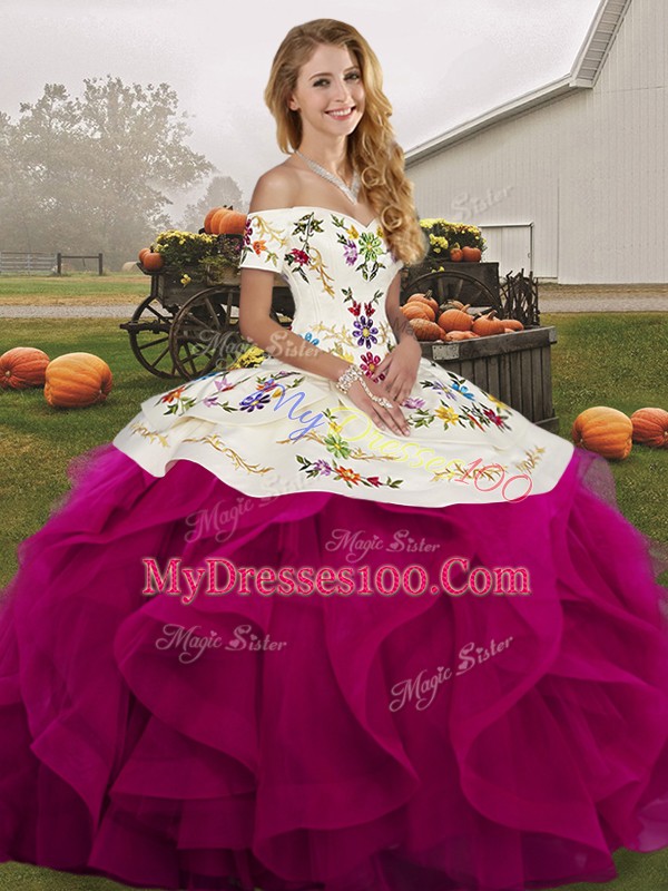 Floor Length Ball Gowns Sleeveless Fuchsia Ball Gown Prom Dress Lace Up
