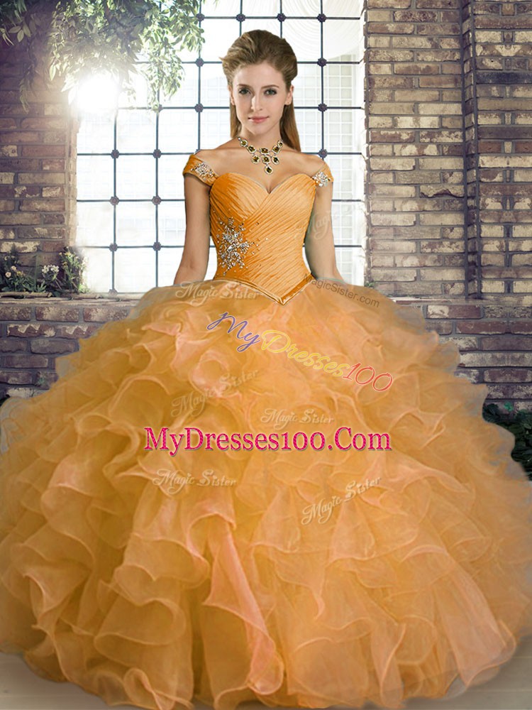 Off The Shoulder Sleeveless Lace Up Quince Ball Gowns Orange Organza