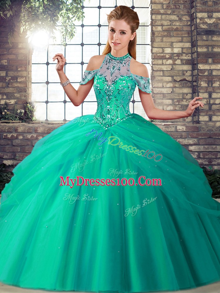 Dynamic Tulle Sleeveless 15th Birthday Dress Brush Train and Beading and Pick Ups