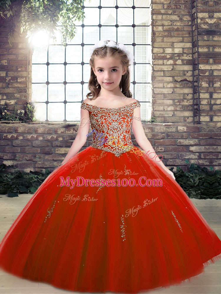 Off The Shoulder Sleeveless Kids Pageant Dress Floor Length Beading and Appliques Red Tulle