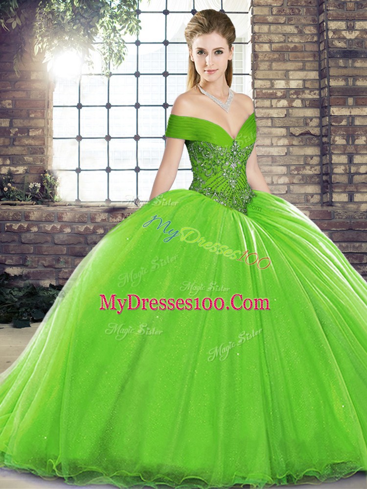 Discount Sleeveless Organza Brush Train Lace Up Quince Ball Gowns in with Beading