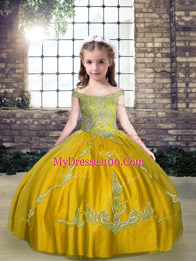 Trendy Olive Green Sleeveless Floor Length Beading Lace Up Little Girl Pageant Dress