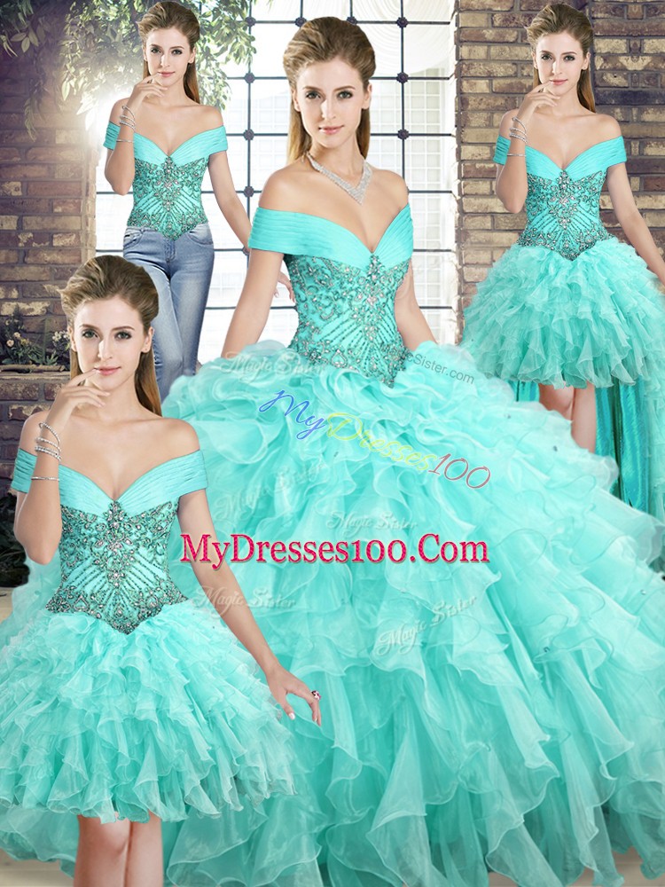 Modest Aqua Blue Ball Gowns Off The Shoulder Sleeveless Organza Brush Train Lace Up Beading and Ruffles Quince Ball Gowns