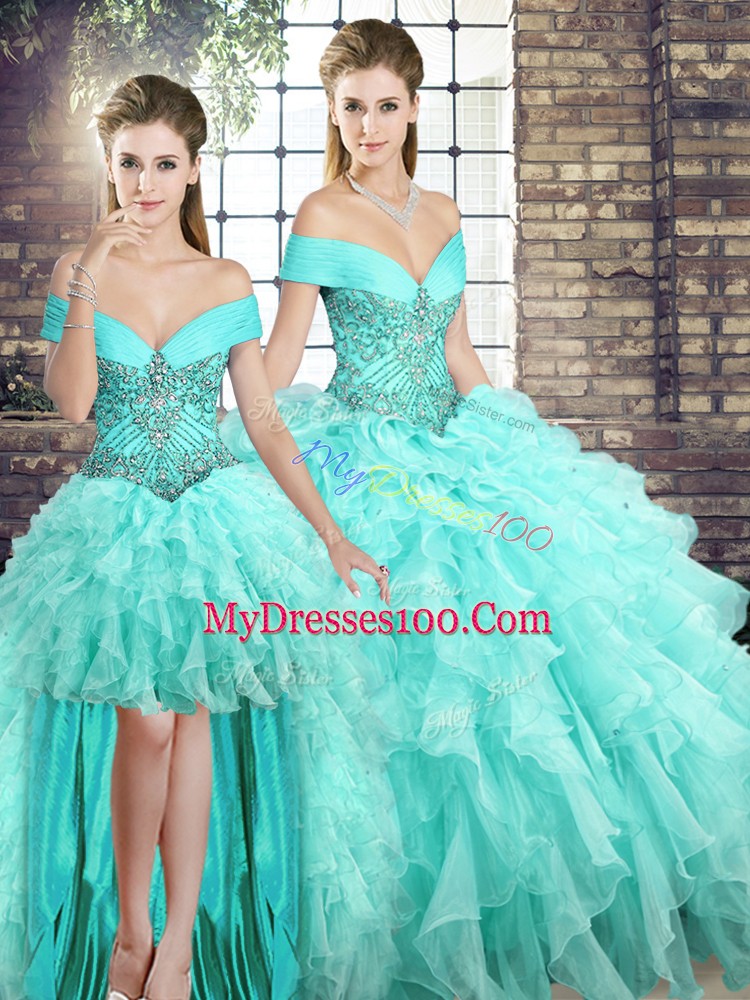 Modest Aqua Blue Ball Gowns Off The Shoulder Sleeveless Organza Brush Train Lace Up Beading and Ruffles Quince Ball Gowns