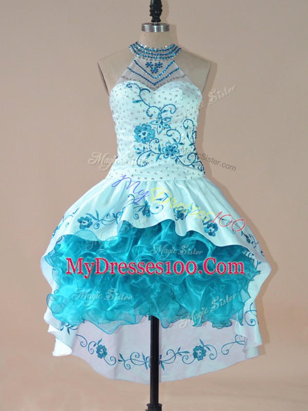 Best High Low Lace Up Prom Dress Aqua Blue for Prom and Party with Embroidery and Ruffles
