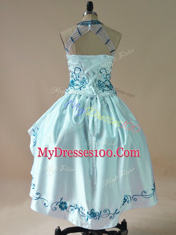 Best High Low Lace Up Prom Dress Aqua Blue for Prom and Party with Embroidery and Ruffles