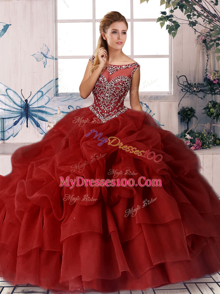 Beauteous Sleeveless Brush Train Beading and Pick Ups Zipper Quinceanera Gowns