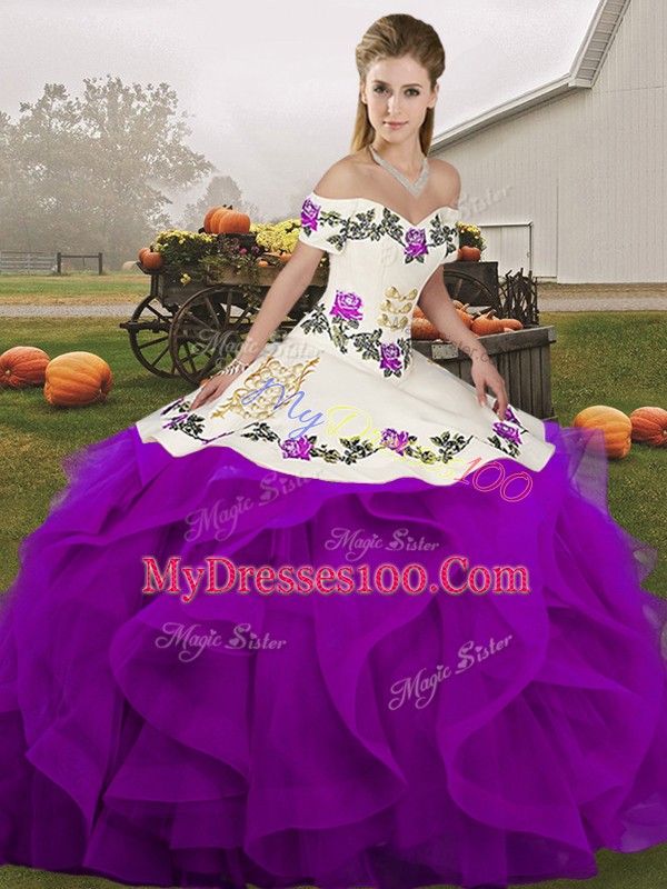 White And Purple Sleeveless Tulle Lace Up Quinceanera Gown for Military Ball and Sweet 16 and Quinceanera