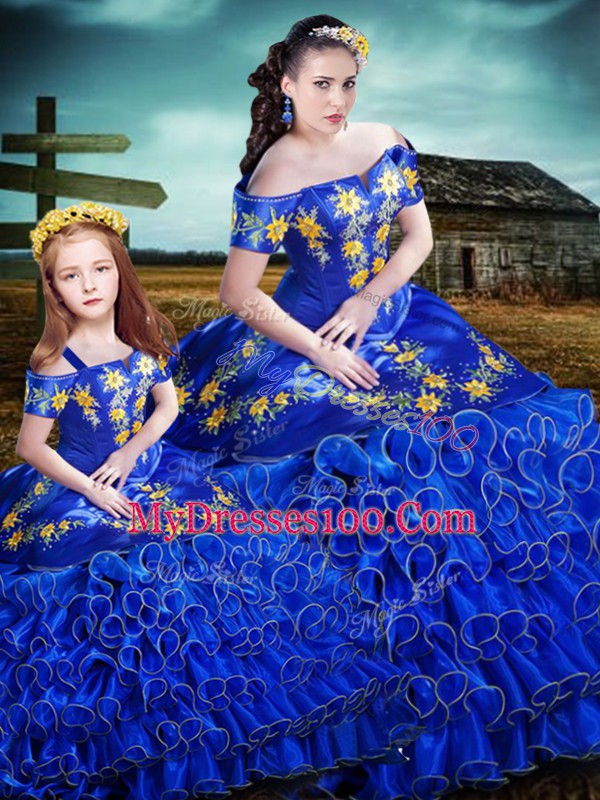 Royal Blue Off The Shoulder Lace Up Embroidery and Ruffles Vestidos de Quinceanera Sleeveless