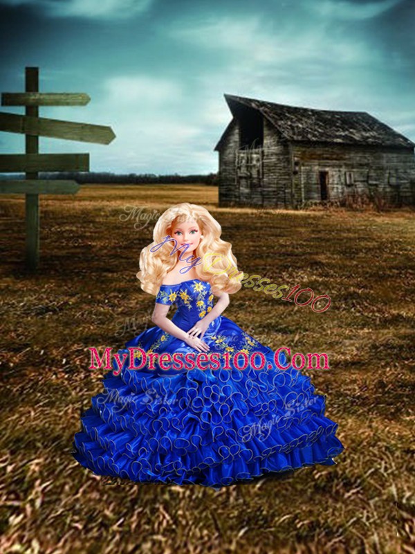 Royal Blue Off The Shoulder Lace Up Embroidery and Ruffles Vestidos de Quinceanera Sleeveless