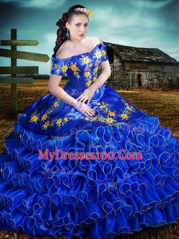 Royal Blue Off The Shoulder Lace Up Embroidery and Ruffles Vestidos de Quinceanera Sleeveless