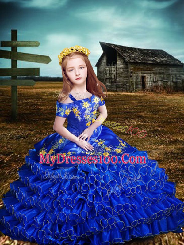 Royal Blue Off The Shoulder Lace Up Embroidery and Ruffles Vestidos de Quinceanera Sleeveless