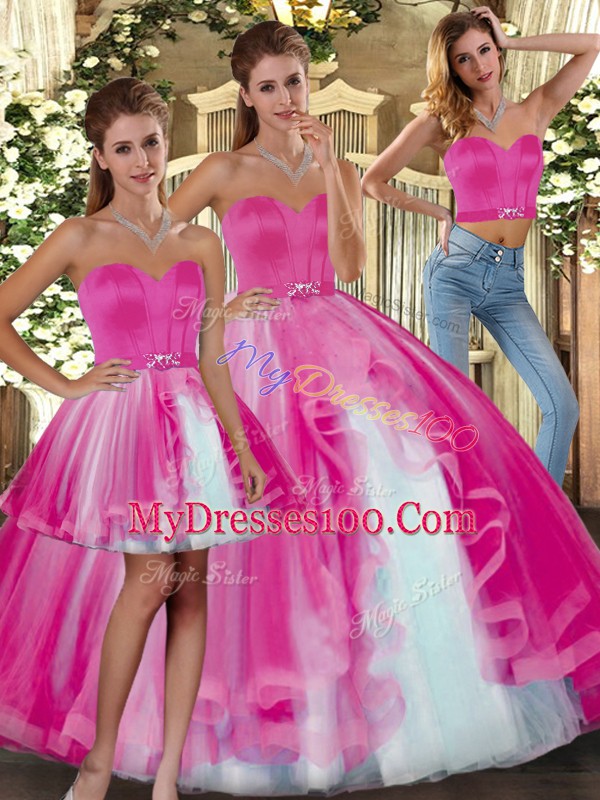 Unique Fuchsia Sleeveless Beading Floor Length Quinceanera Dress
