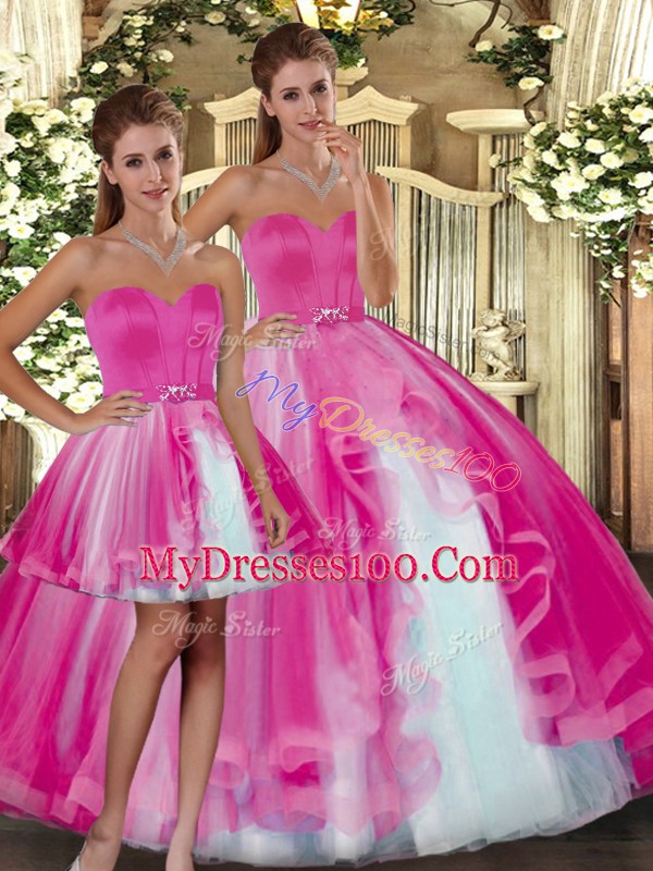 Unique Fuchsia Sleeveless Beading Floor Length Quinceanera Dress