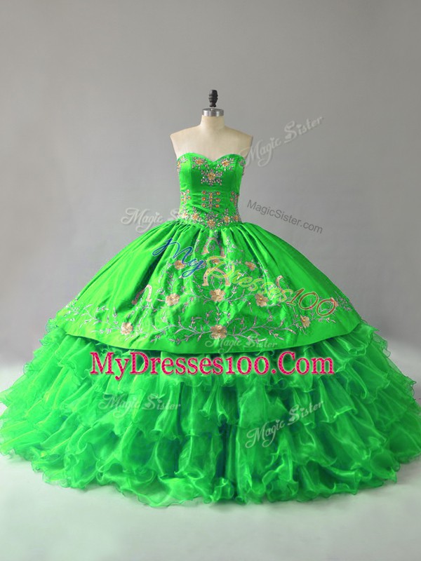 Fantastic Lace Up Sweetheart Embroidery and Ruffles Quince Ball Gowns Organza Sleeveless