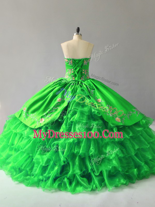 Fantastic Lace Up Sweetheart Embroidery and Ruffles Quince Ball Gowns Organza Sleeveless