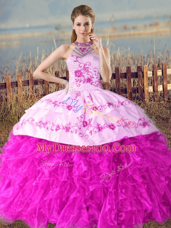 New Style Fuchsia Sleeveless Organza Court Train Lace Up Sweet 16 Quinceanera Dress for Sweet 16 and Quinceanera