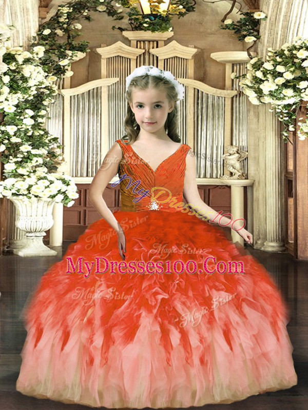 Stunning Floor Length Rust Red Child Pageant Dress V-neck Sleeveless Backless