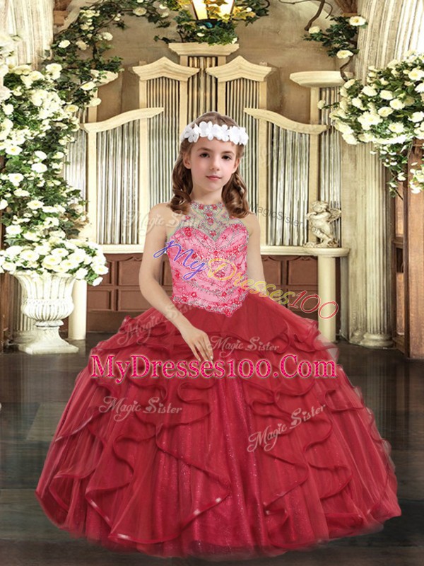 Red Ball Gowns Tulle Halter Top Sleeveless Beading and Ruffles Floor Length Lace Up Pageant Gowns For Girls