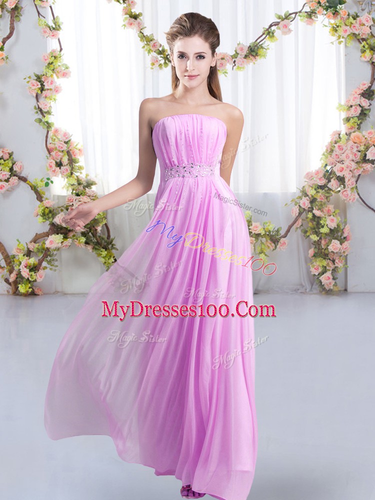 Best Strapless Sleeveless Dama Dress for Quinceanera Sweep Train Beading Lilac Chiffon