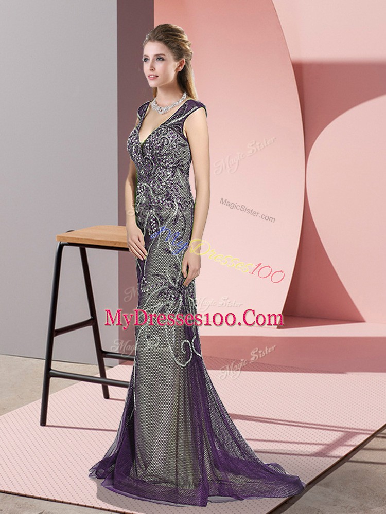 Pretty Purple Evening Dress Prom and Party with Beading V-neck Sleeveless Sweep Train Zipper