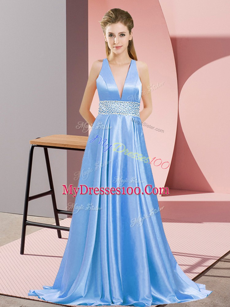 Baby Blue Prom Gown Prom and Party with Beading V-neck Sleeveless Brush Train Backless