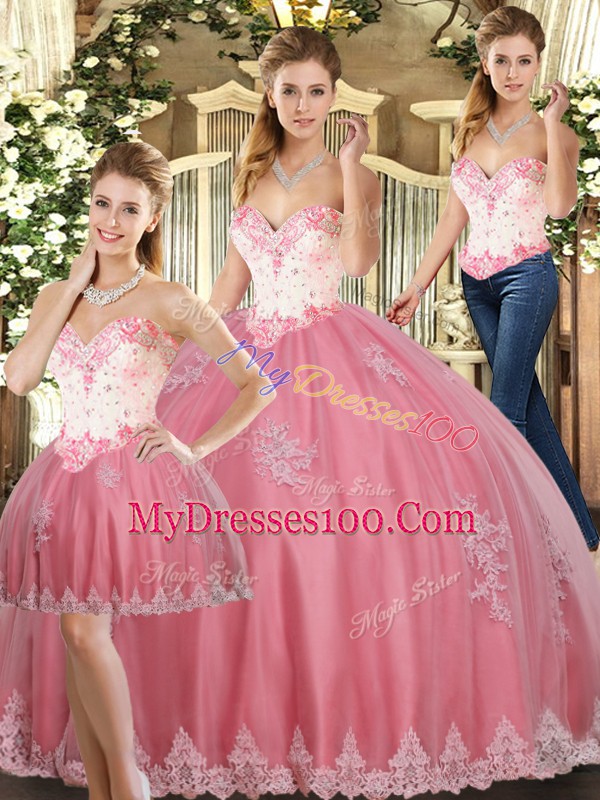 Luxurious Floor Length Watermelon Red Sweet 16 Quinceanera Dress Tulle Sleeveless Beading and Appliques