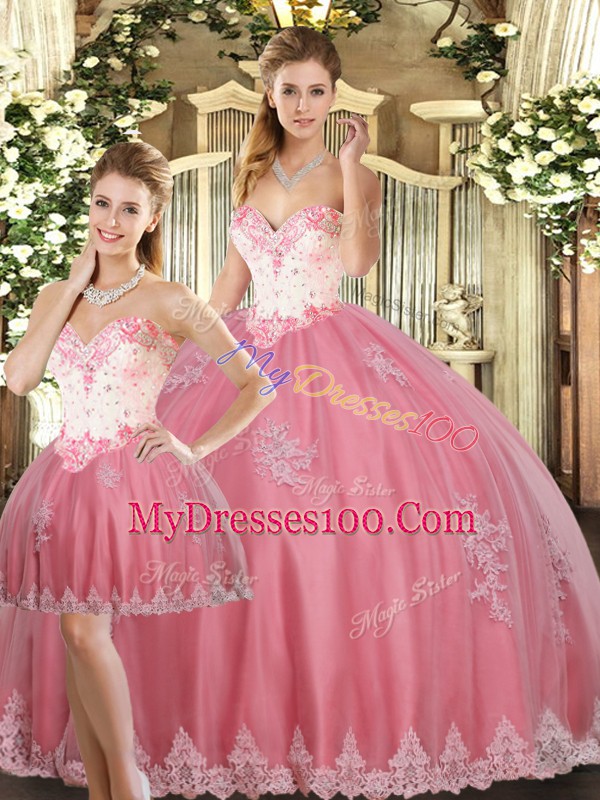 Luxurious Floor Length Watermelon Red Sweet 16 Quinceanera Dress Tulle Sleeveless Beading and Appliques