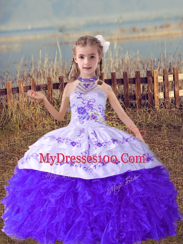 Amazing Halter Top Sleeveless Pageant Gowns For Girls Floor Length Beading and Embroidery and Ruffles Lavender Organza