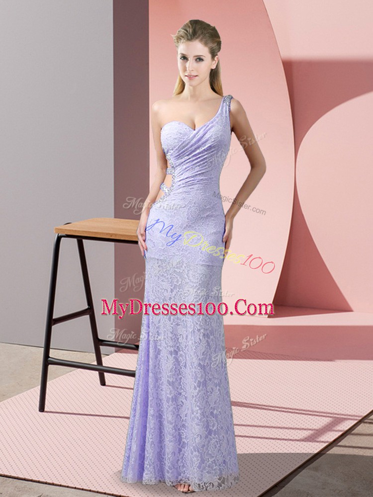 Lavender Sleeveless Floor Length Beading and Lace Criss Cross Evening Gowns