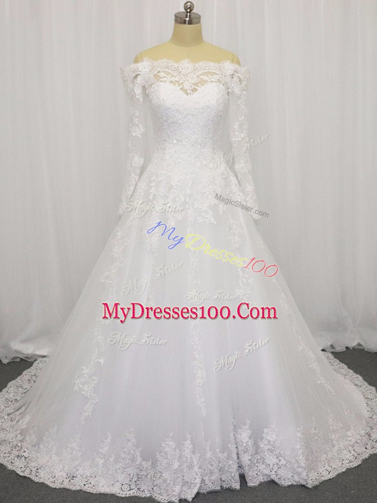 Enchanting Long Sleeves Brush Train Clasp Handle Beading and Lace Bridal Gown