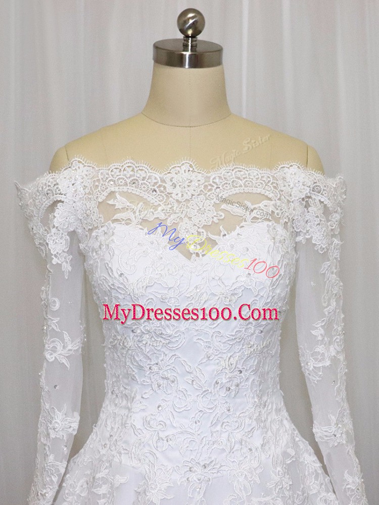 Enchanting Long Sleeves Brush Train Clasp Handle Beading and Lace Bridal Gown