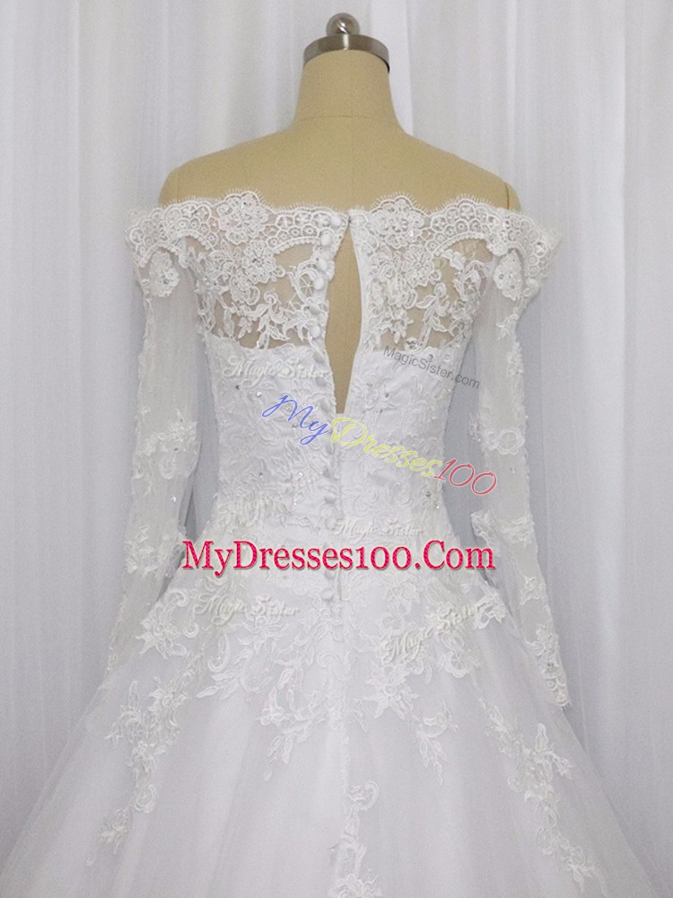 Enchanting Long Sleeves Brush Train Clasp Handle Beading and Lace Bridal Gown