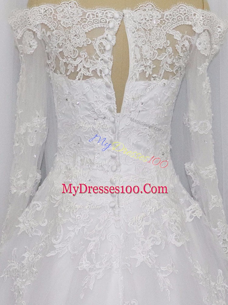 Enchanting Long Sleeves Brush Train Clasp Handle Beading and Lace Bridal Gown