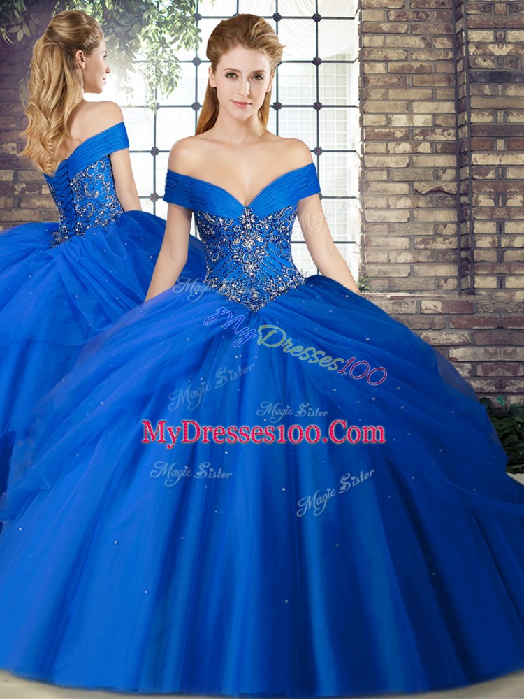Royal Blue Sleeveless Tulle Brush Train Lace Up Sweet 16 Dresses for Military Ball and Sweet 16 and Quinceanera
