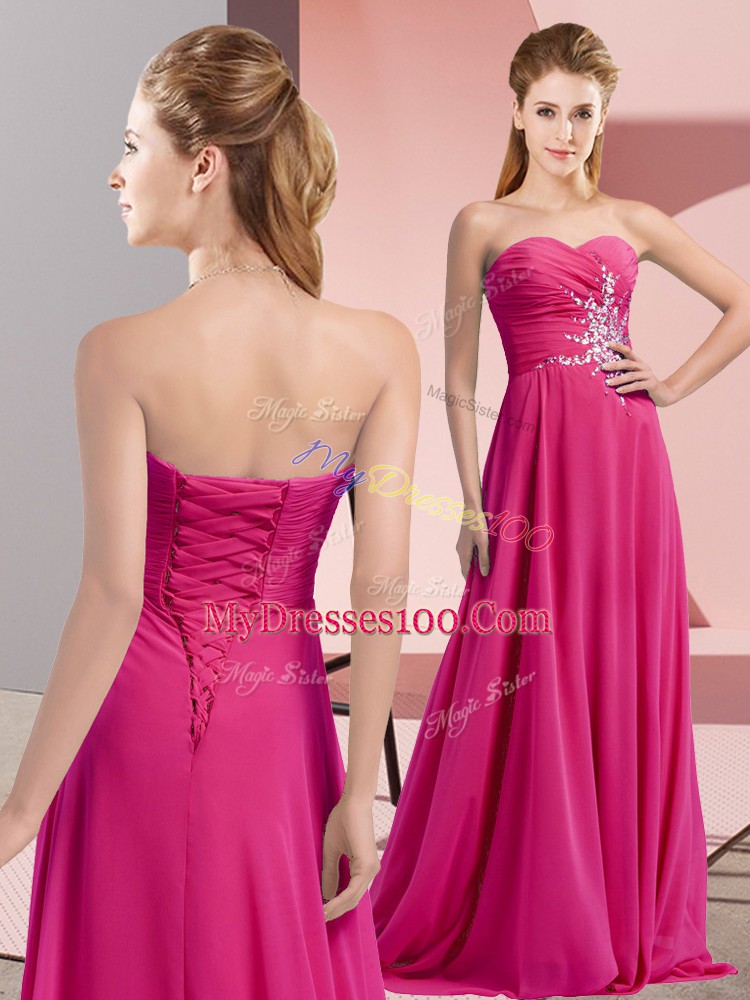 Beauteous Fuchsia Chiffon Lace Up Prom Dress Sleeveless Floor Length Beading and Ruching