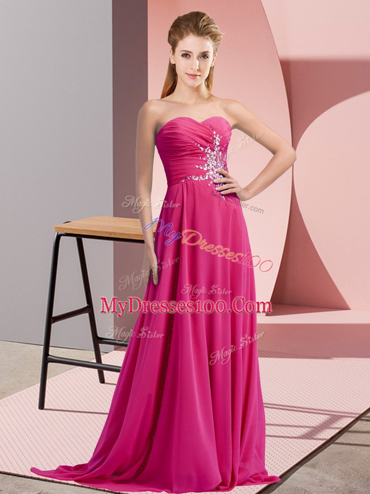 Beauteous Fuchsia Chiffon Lace Up Prom Dress Sleeveless Floor Length Beading and Ruching
