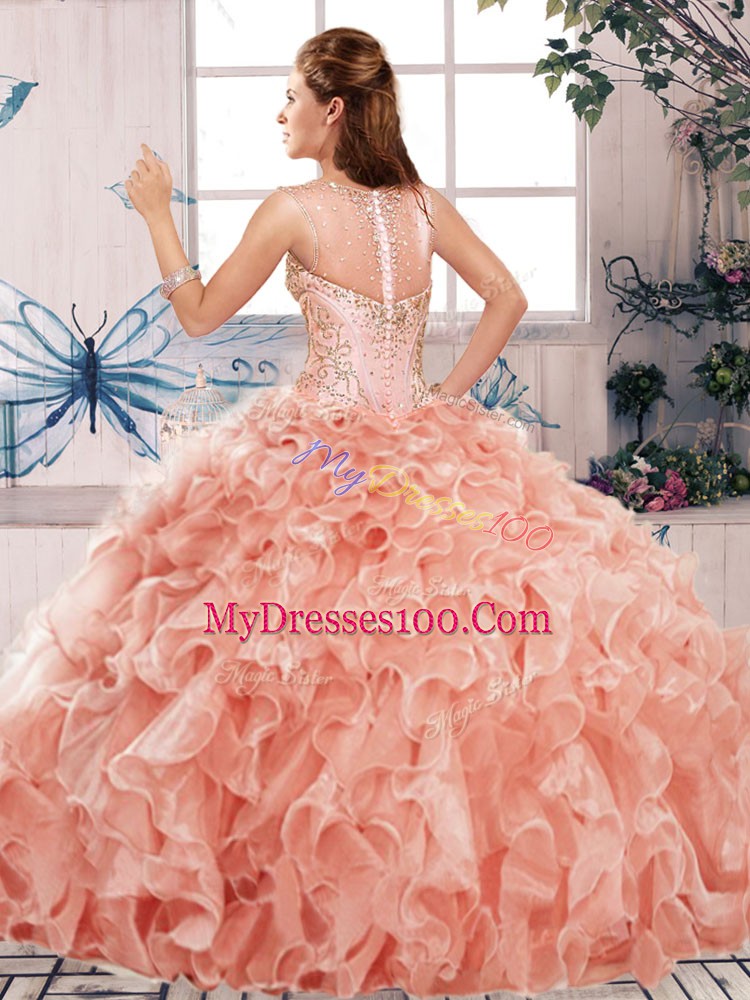 High Quality Floor Length Watermelon Red 15 Quinceanera Dress Scoop Sleeveless Clasp Handle