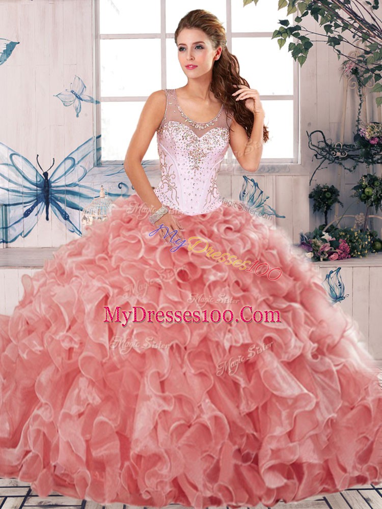High Quality Floor Length Watermelon Red 15 Quinceanera Dress Scoop Sleeveless Clasp Handle