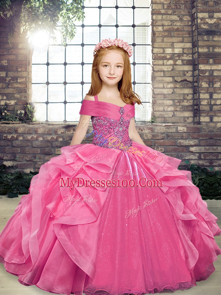 Organza Sleeveless Floor Length Girls Pageant Dresses and Beading and Ruffles