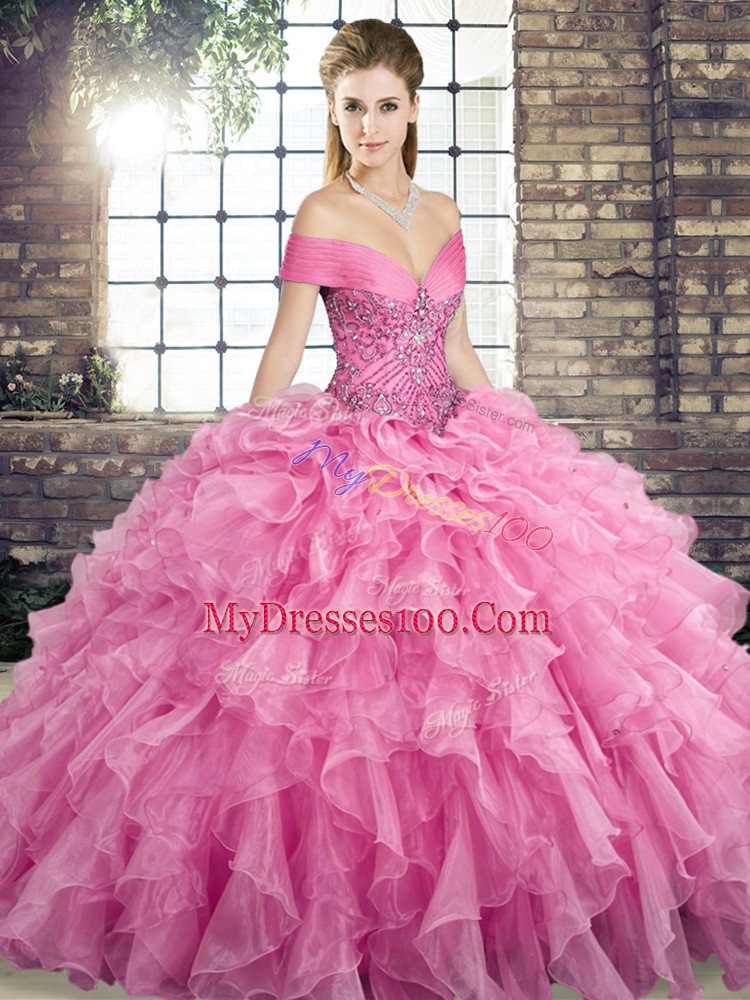 Simple Rose Pink Ball Gowns Off The Shoulder Sleeveless Organza Brush Train Lace Up Beading and Ruffles Sweet 16 Dresses