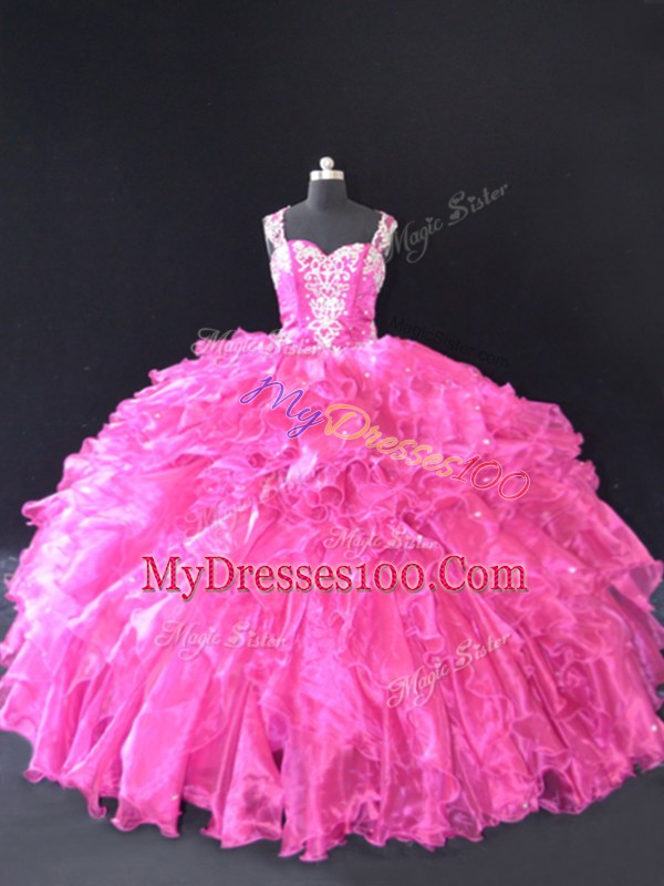 Fuchsia Straps Lace Up Beading and Ruffles Quinceanera Gown Sleeveless