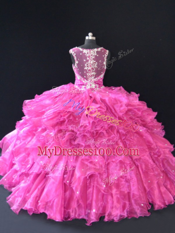 Fuchsia Straps Lace Up Beading and Ruffles Quinceanera Gown Sleeveless