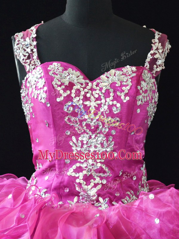 Fuchsia Straps Lace Up Beading and Ruffles Quinceanera Gown Sleeveless