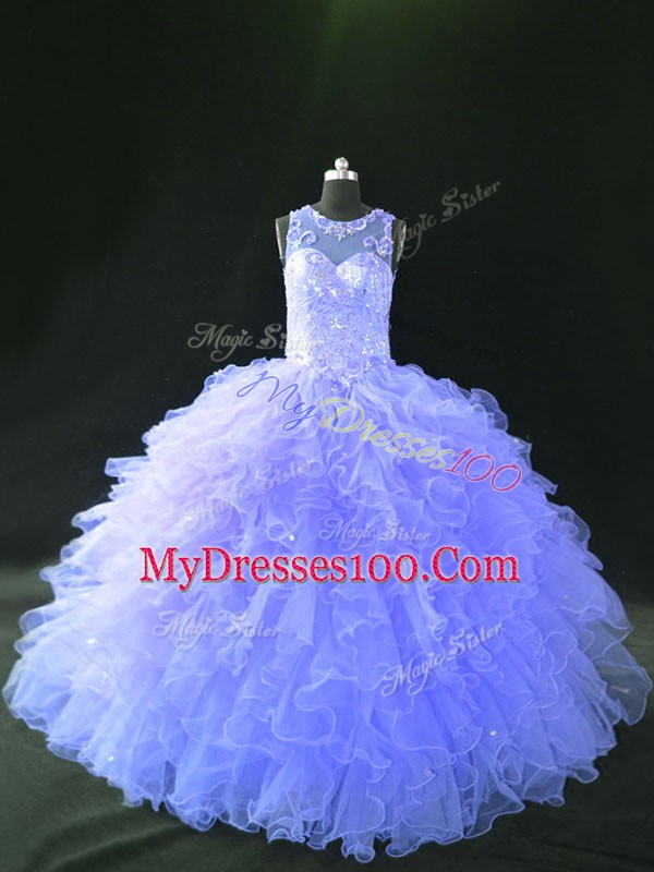 Lavender Sleeveless Floor Length Beading and Ruffles Lace Up Sweet 16 Dress