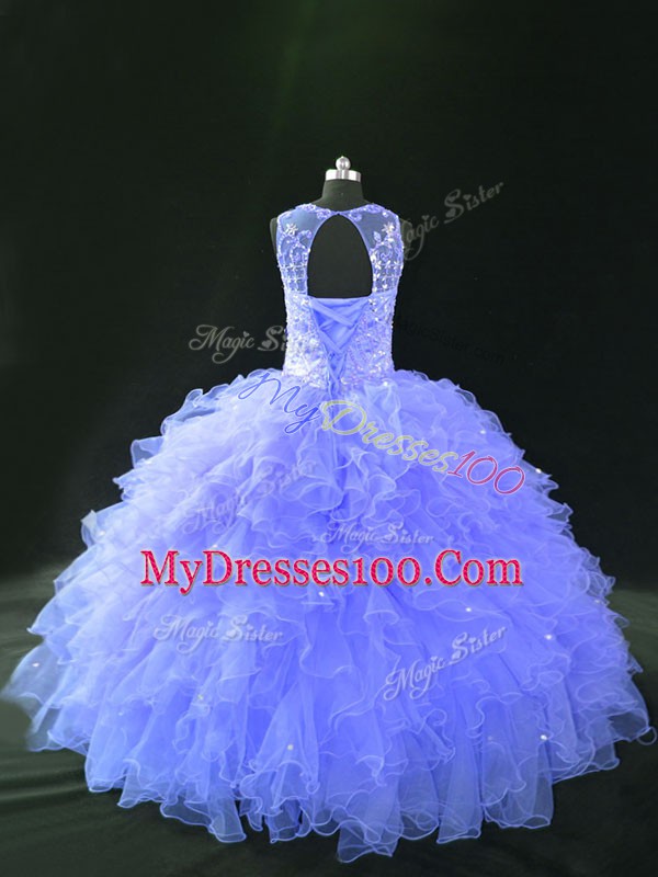 Lavender Sleeveless Floor Length Beading and Ruffles Lace Up Sweet 16 Dress