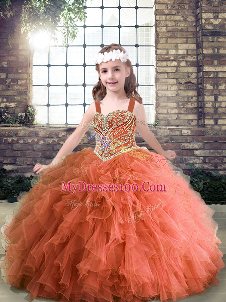 Enchanting Tulle Straps Sleeveless Lace Up Beading and Ruffles Glitz Pageant Dress in Rust Red